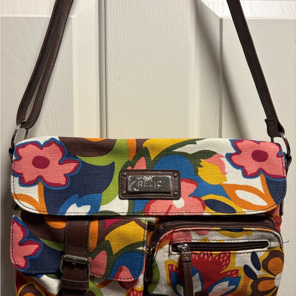 Relic Multicolor Floral Canvas Crossbody with Brown Trim